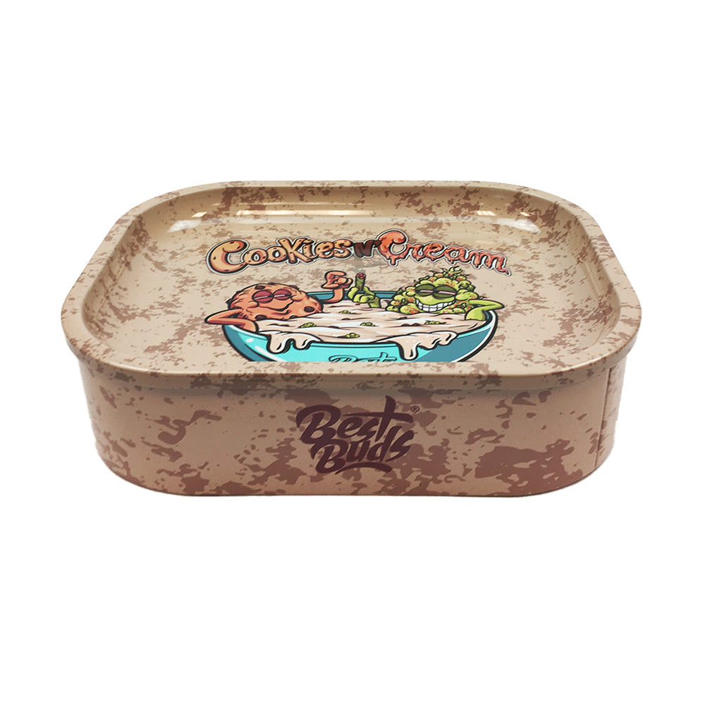 Best Buds Tin Box Rolling Tray with Storage Cookies and Cream