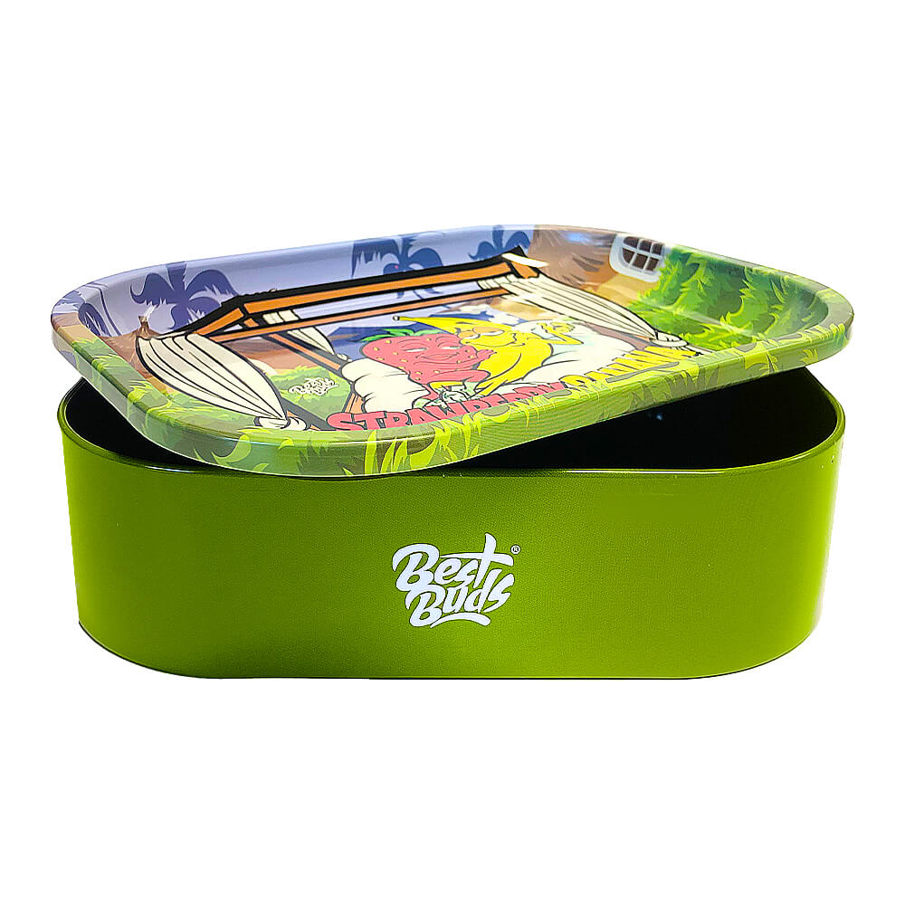 Best Buds Tin Box Rolling Tray with Storage Strawberry Banana