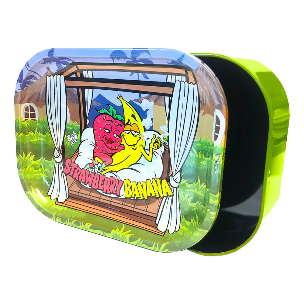 Best Buds Tin Box Rolling Tray with Storage Strawberry Banana